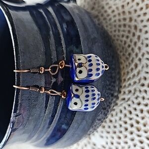 Blue & White Porcelain Owl Earrings Dangle.  With Copper fishhook backing.  Vtg